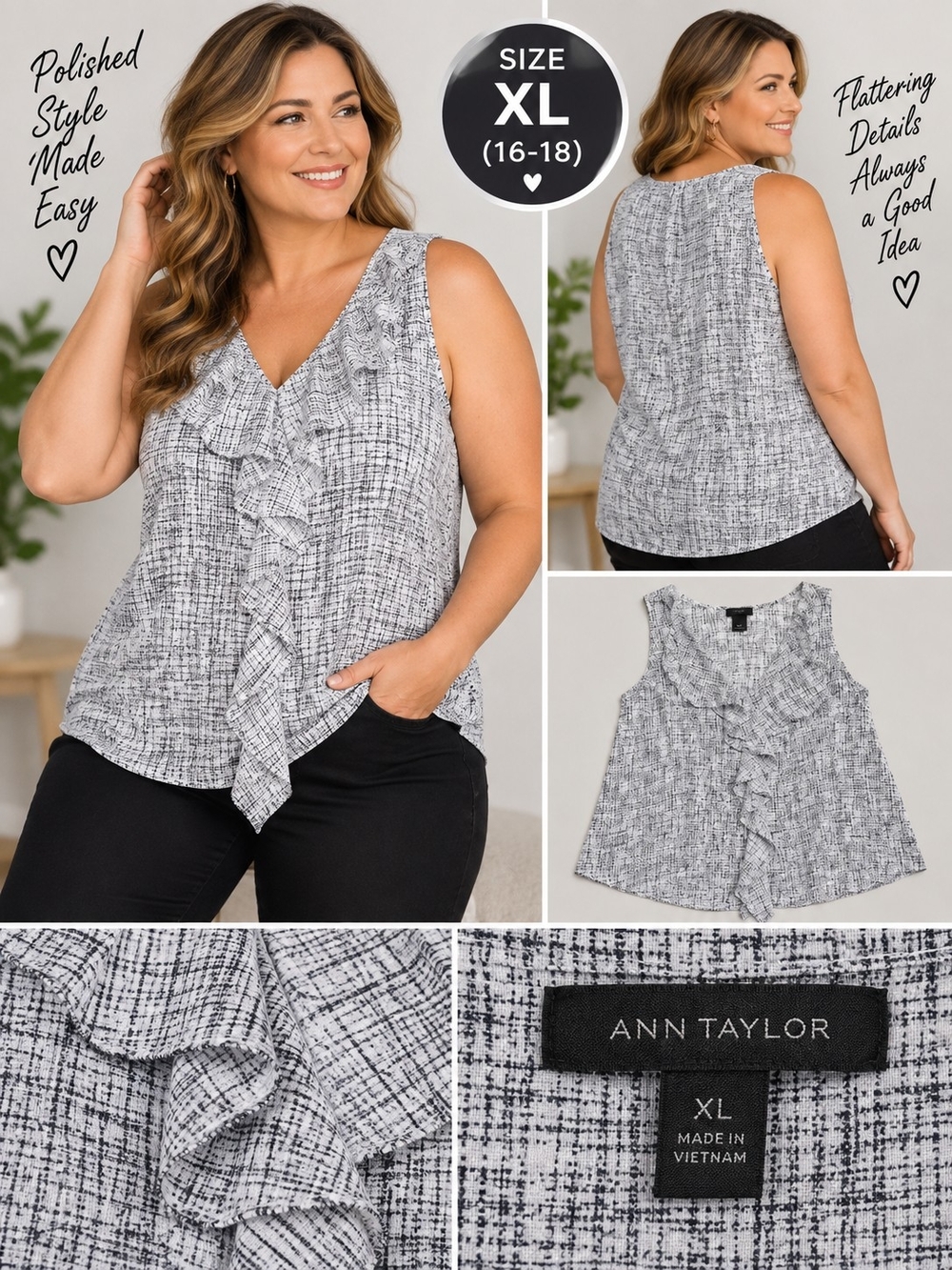 Ann Taylor Women's XL white black patterned blouse #31
